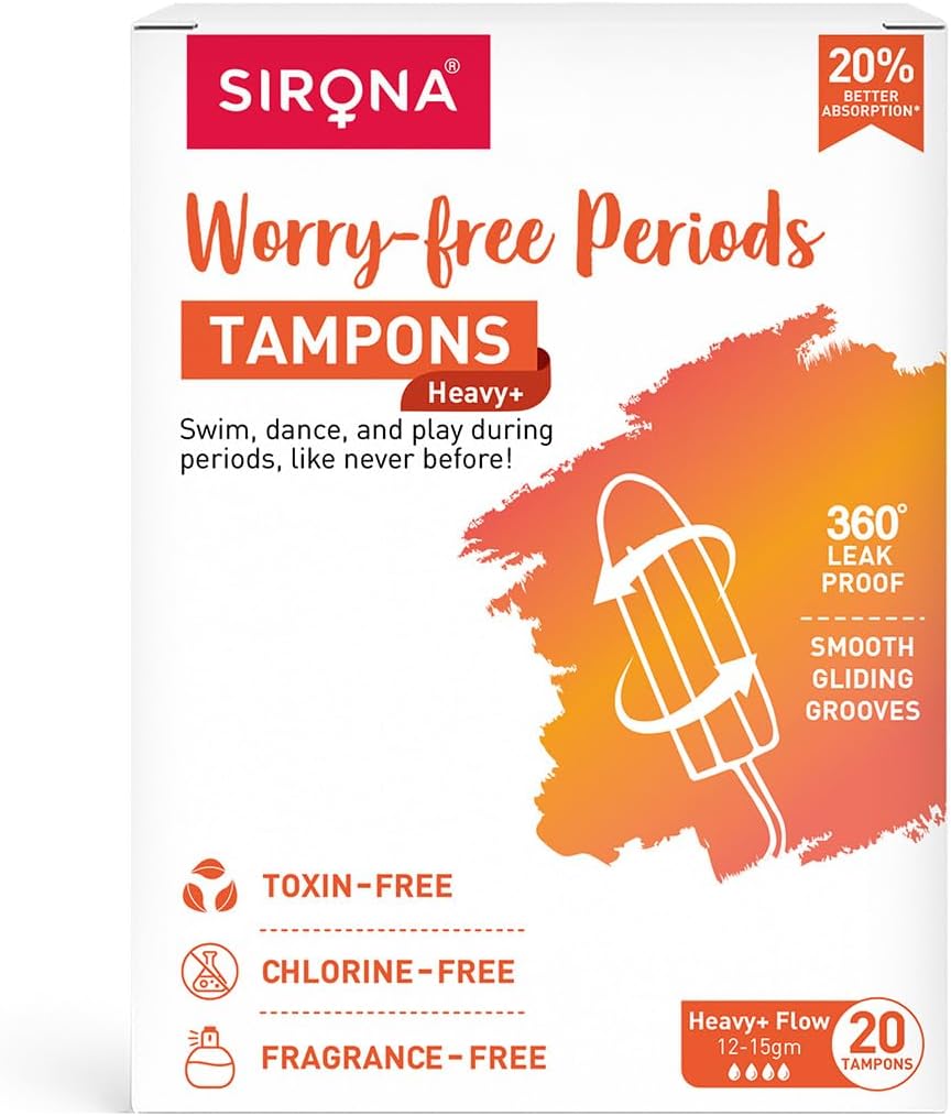 Sirona Tampons for Women | Non-Applicator Period Tampons | Light+, Regular+, Heavy & Super+ Heavy Flow | 100% Viscose Absorbent Core | Up to 8 Hours Leak-Free Protection | Dermatologically Tested | Odour-Free | Biodegradable Core | Pack of 20