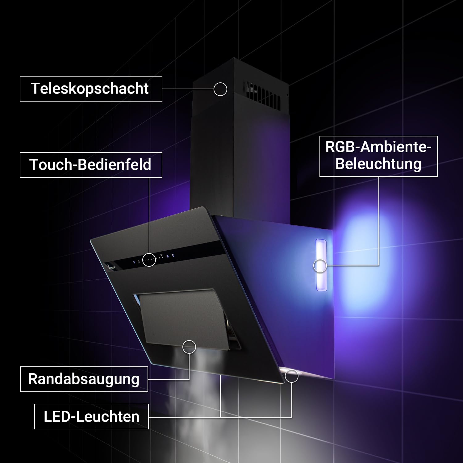 KKT KOLBE Okap kuchenny PLOOM8005S, 80 cm bez głowicy czarny | 782 m³/h, powietrze wylotowe i obiegowe, szkło matowe, obsługa SensorTouch, oświetlenie LED RGBW, aplikacja Smart WiFi, Wi-Fi