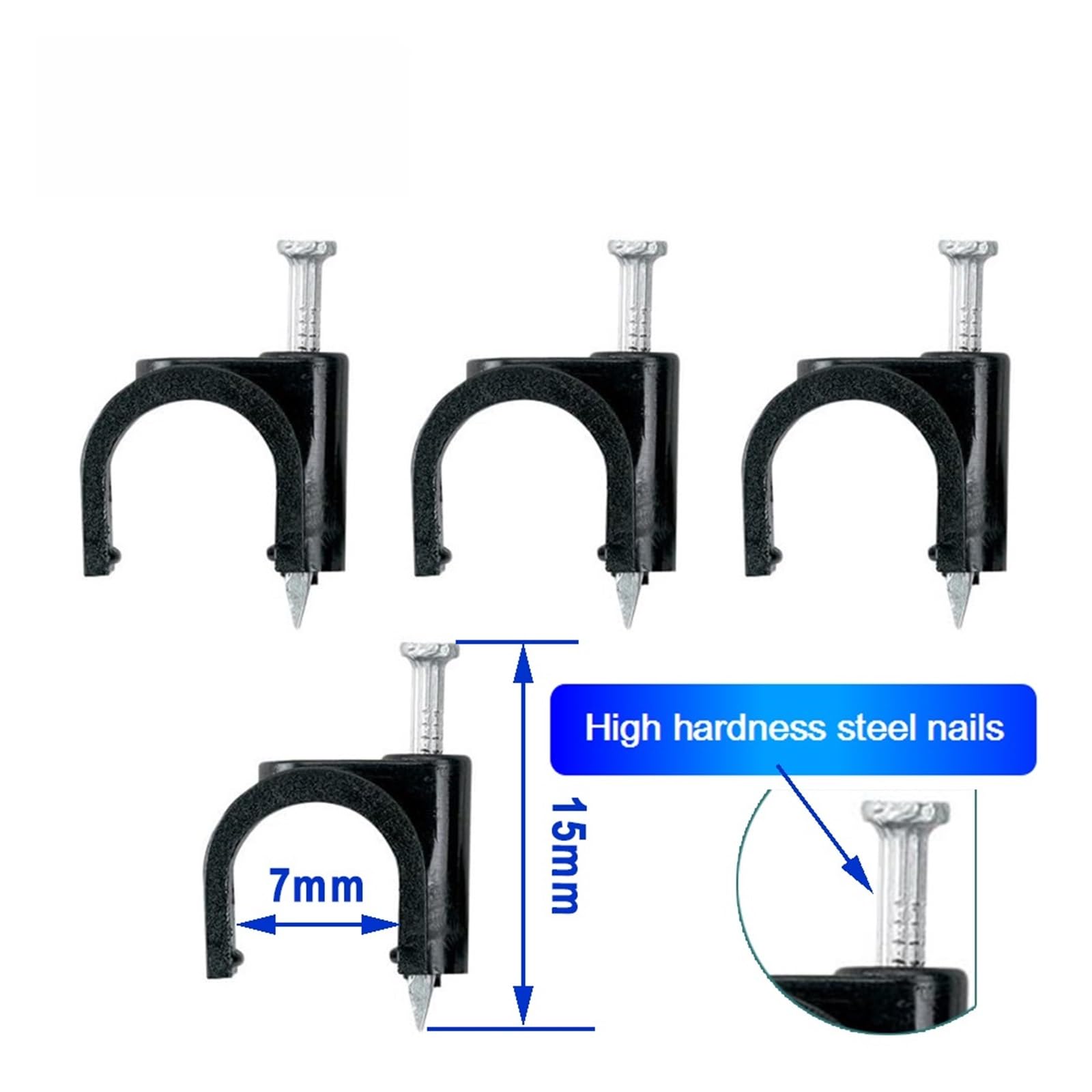 Gwoździe Zaciski do kabli 100 sztuk, stalowy zacisk drutu, tworzywo PE, okrągła rurka 7 mm/6 mm, w kształcie litery C, czarno-biały(Black)