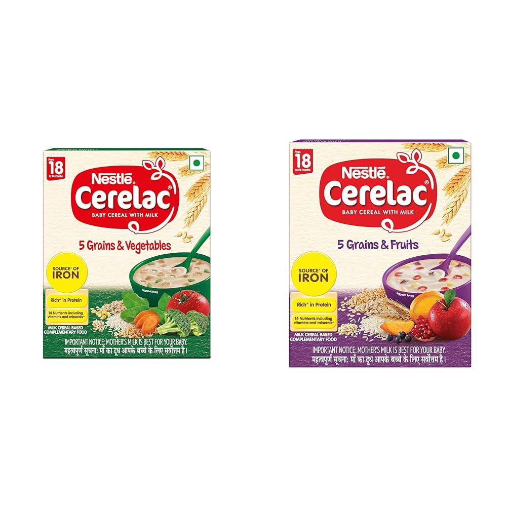 Nestle Cerelac Baby Cereal with Milk, 5 Grains & Vegetables,Stage 5, From 18 to 24 Months, 300g & Cerelac Baby Cereal with Milk, 5 Grains & Fruits,Stage 5, From 18 to 24 Months, 300g COMBO