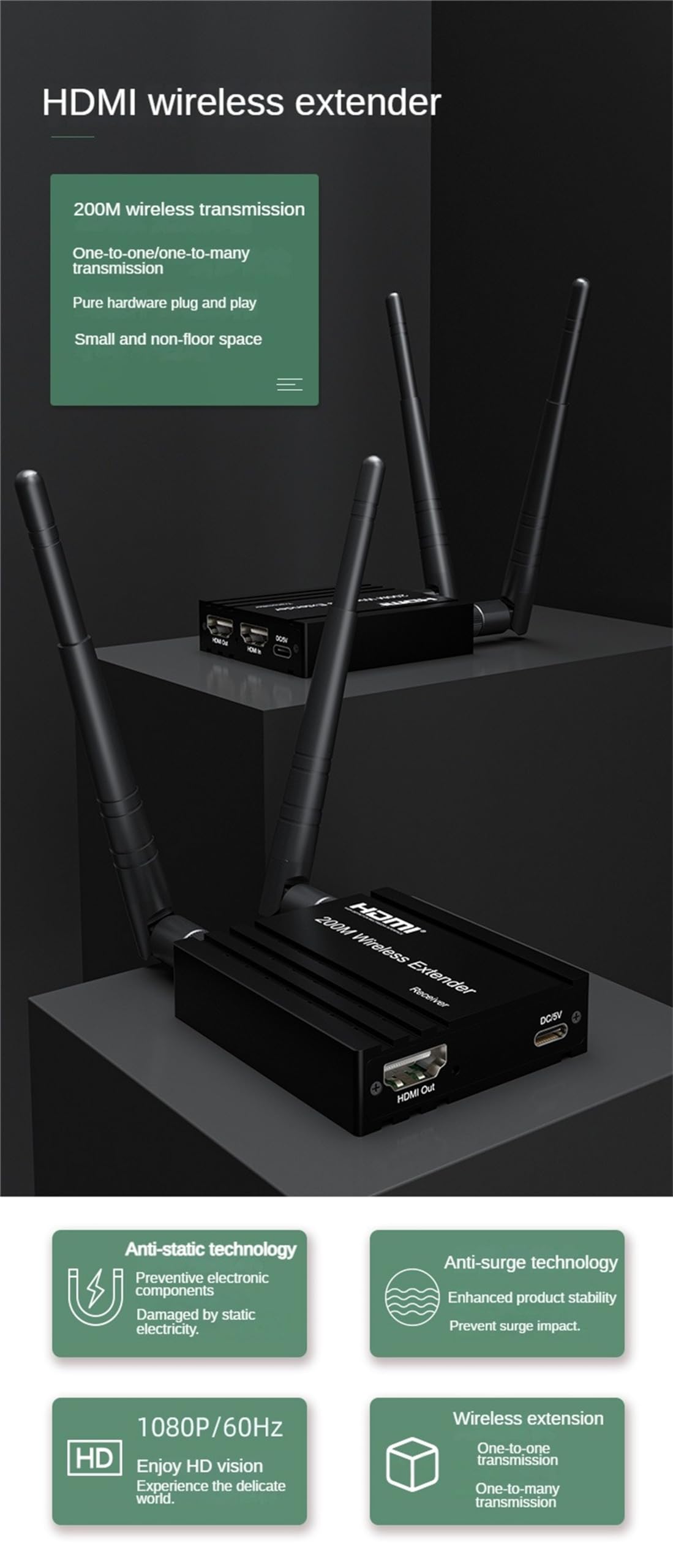 Extensor inalámbrico HDMI de 200 m, receptor transmisor HDMI inalámbrico, hasta 4 RX, extensor de vídeo de audio 1080P, adaptador HDMI para cámara de DVD, PC a monitor de TV (TX+RX)