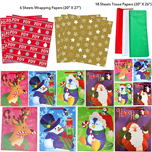 Joyin 36 Pcs Christmas Gift Bag With Tissue Papers And Tag, Assorted Sizes Set For Wrapping Xmas Holiday Presents, Christmas Gift Decoration, Holiday Gift Wrapping, School Classrooms, Party Favors #TOP5