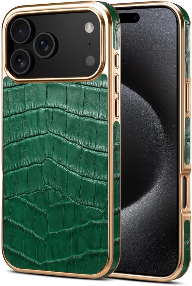 Genuine Leather Case for iPhone 17 Pro Max/17 Pro/17 Air/17, Luxury Electroplated Business Crocodile Texture Protective Cover A (17 Pro,Black)