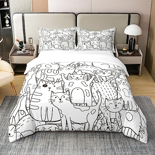 Loussiesd Katze 100prozent Baumwolle Bettbezug Super King Cats Print Bettwäsche Baumwolle Bettbezug Set für Schlafzimmer Niedliches Kätzchen Bettwäsche Set Tier Tröster Cover Set Schwarz & Weiß Tagesdecke