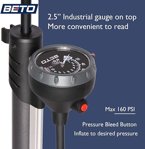 Miniatura 5 de Beto Bomba de bicicleta portátil - Bomba de piso de bicicleta con medidor industrial montado en la parte superior y botón de purga de aire, tubo de