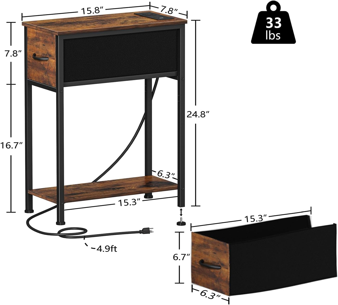 Vagusicc End Table with Charging Station, Narrow Side Table Nightstand with Fabric Drawer, Slim Nightstand for Bedroom, Small Bedside Table, Slim Sofa Side Table for Small Spaces, Rustic Brown