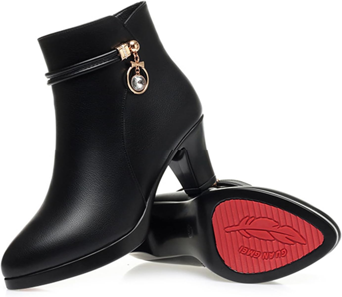 Fashion Women's Black Wedge Heel Ankle Booties Soft Leather Platform Side Zipper Sparkling Rhinestones Winter Warm Fur Lined Thickening Snow Boot