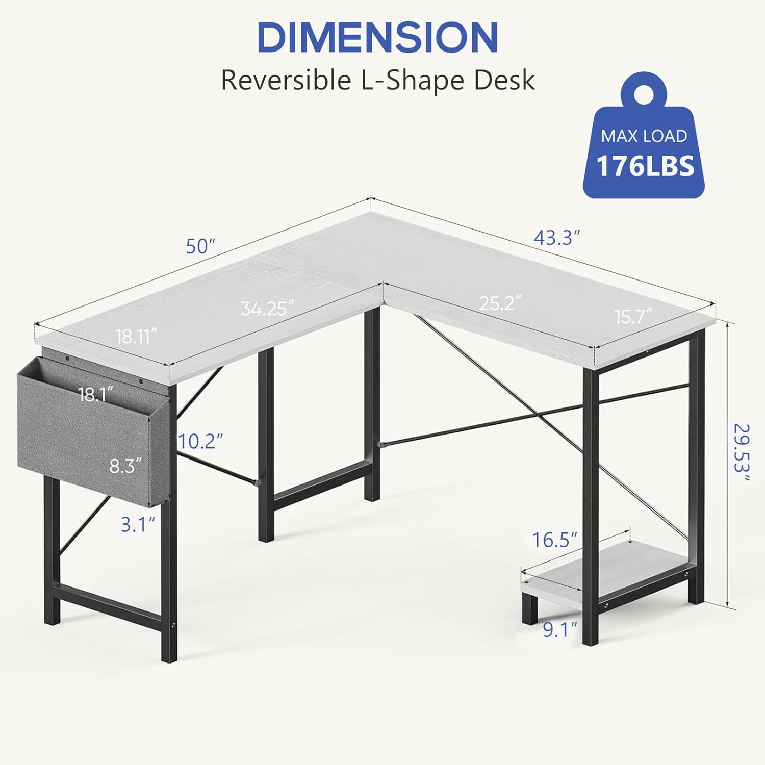 L Shaped Gaming Desk Computer Table for Corner Home Office Small Space, 50" PC Study Desks for Gaming Writing Working, Reversible Gamer Desk with CPU Stand, Side Storage Bag, White