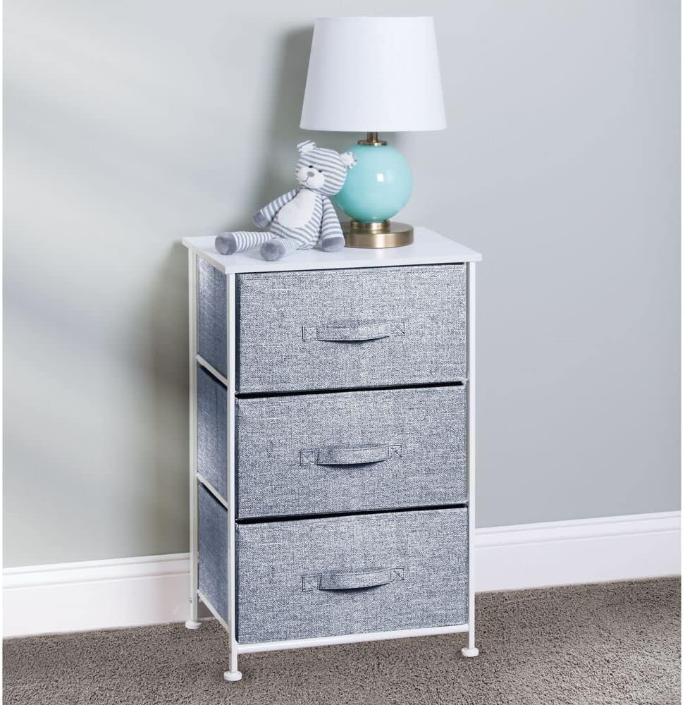 mDesign Storage Dresser End/Side Table Night Stand Furniture Unit - Baby and Kid Room Organizer for Bedroom, Nursery, and Playroom - 3 Drawer Removable Fabric Bins - Navy Blue/White : Home & Kitchen