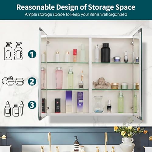 Miniatura 3 de Movo Botiquín de doble puerta con espejo, 30 x 26 pulgadas, botiquín de aluminio para baño, estantes de vidrio ajustables, impermeable y resistente