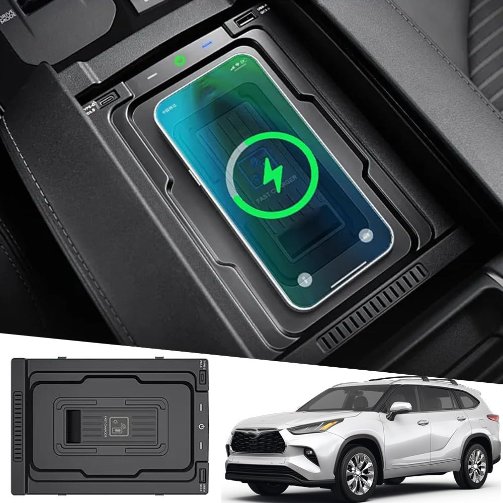 Wireless Car Charger for Toyota Highlander 2024-2022, OEM Custom Fit with 27W USB-A & Type-C Wireless Fast Phone Charging Pad for Toyota Highlander Interior Armrest Box Accessories Upgrades