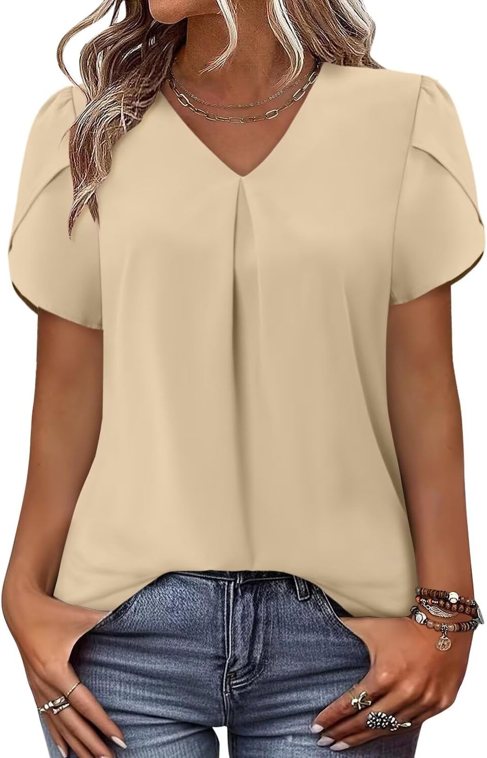 Magritta Womens Tops Dressy Casual Short Sleeve Pleated Tshirt 2025 Summer Loose Fitting Blouse Fashion V Neck Business Shirt