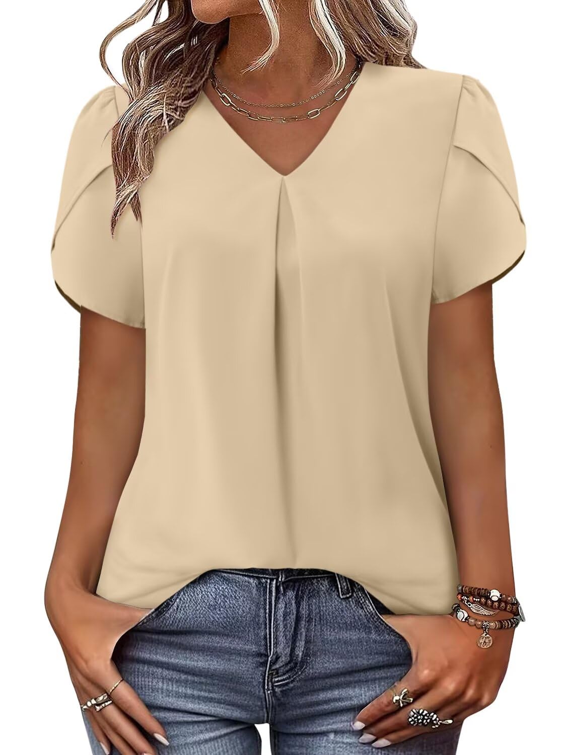 Magritta Womens Tops Dressy Casual Short Sleeve Pleated Tshirt 2025 Summer Loose Fitting Blouse Fashion V Neck Business Shirt