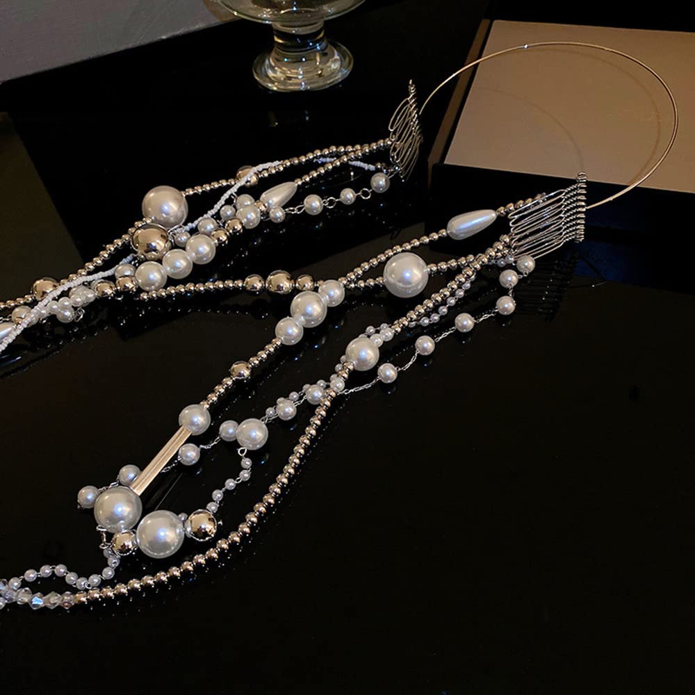 Jumwrit Diadema larga con perlas y diamantes de imitación, diadema larga con borlas plateadas, diadema con cadena larga con cuentas de perlas para mujeres y niñas