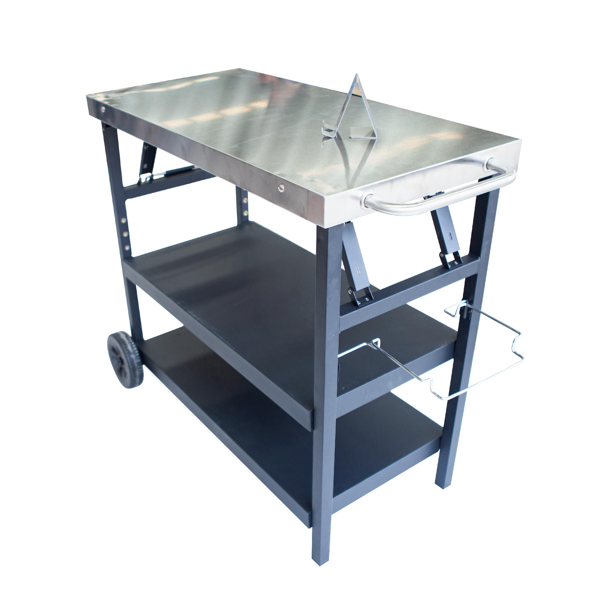 Thunderbay Carrito plegable para parrilla de 3 niveles, carrito de utilidad movible para preparar alimentos, mesa de horno de pizza, organizador de almacenamiento de herramientas de acero inoxidable