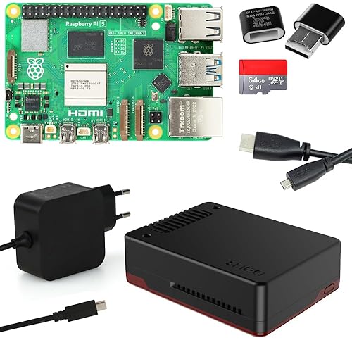 Raspberry Pi 5 8GB Kit | Argon NEO 5 BRED Gehäuse mit Lüfter | USB-C 45W Netzteil | 64GB SD Karte | 4K Micro HDMI Kabel | Raspberry Pi 5 8GB RAM - Set