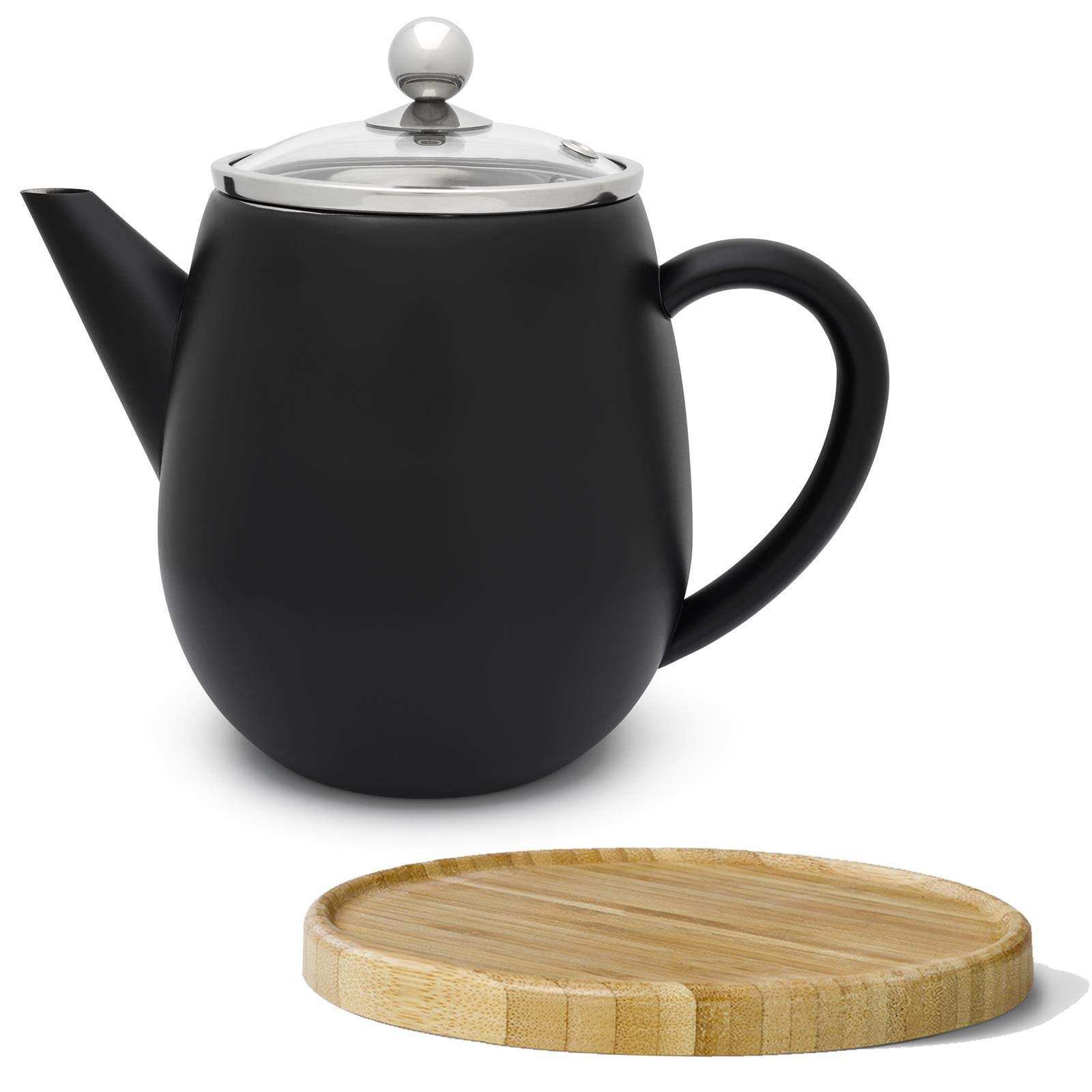 Bredemeijer kleine schwarze doppelwandige Edelstahl Teekanne 1.1 Liter & Teebereiter mit Tee-Filter Sieb-Einsatz & braunem Holz Untersetzer