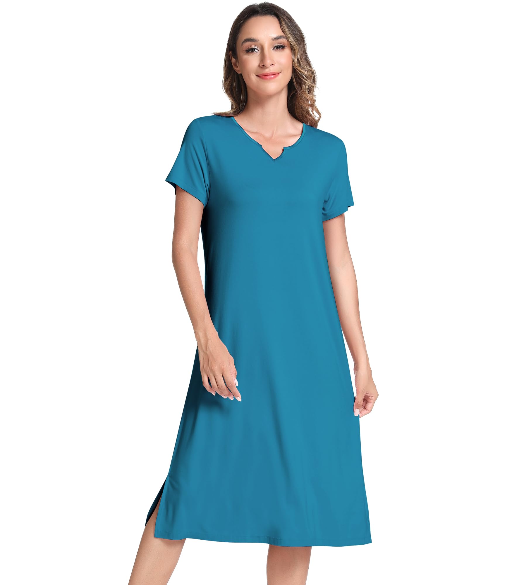 NACHILA Bamboo Viscose Nightgowns for Women Short Sleeve V Neck Sleepwear | Below the Knee Nightgowns, Tagless V-Neck Sleepshirt, Comfortable Short Sleeves, Side Slits Design, Relaxed Loose Fit