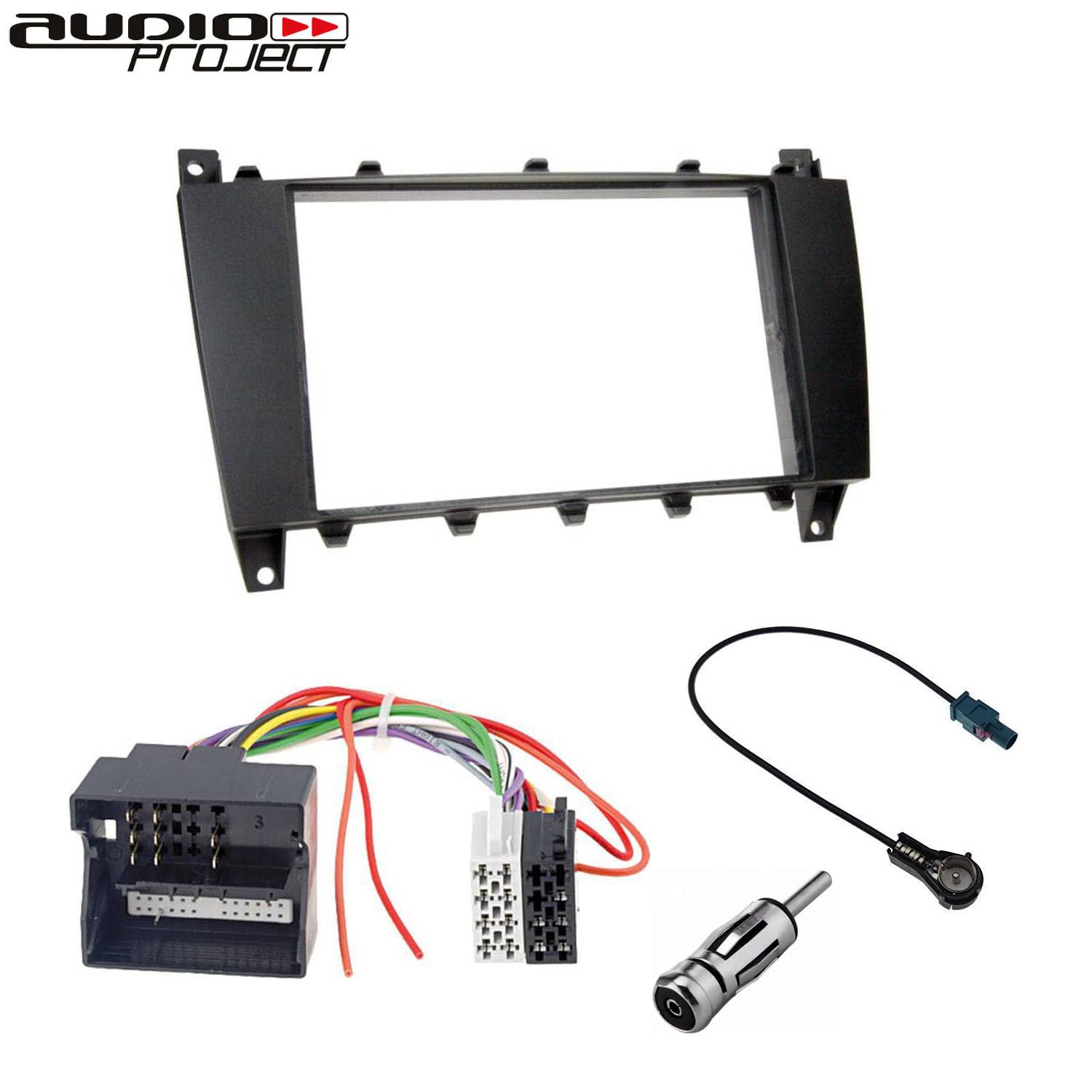 Audioproject A303-10 - Set mascherina autoradio doppio DIN compatibile per Mercedes Benz Classe C W203 S203 CL203 CL203 CLC 2004-2007 adattatore radio adattatore antenna 2 DIN nero
