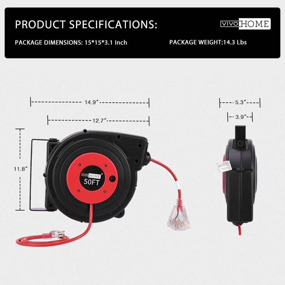 VIVOHOME 14AWG/3C SJTOW Heavy Duty 50 Feet Retractable Extension Cord Reel