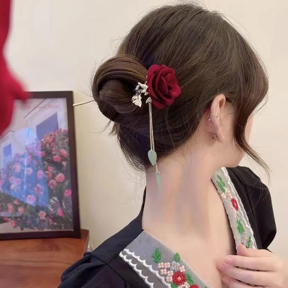 qbodp Metal Hair Sticks Dangle Tassel Chain Hair Chopsticks Rose Flower Hair Pins Stick Chinese Classical Chopsticks Hair Accessories for Women Buns,Red