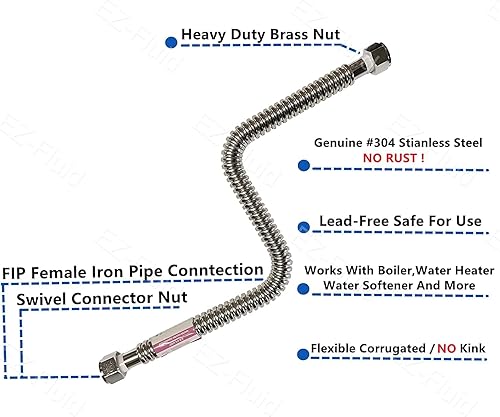 Miniatura 8 de EZ-Fluid Conector de calentador de agua de acero inoxidable flexible corrugado FIP de 1 pulgada x 34 pulgadas FIP x 18 pulgadas para tuberías de