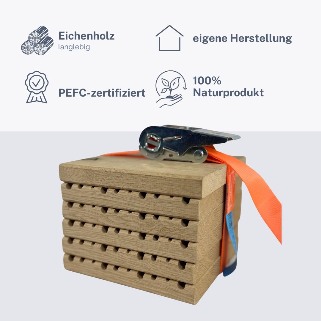 Nistblock für Wildbienen Eiche – Nachhaltige Nisthilfe aus gefrästen Bienenbrettchen – 10 Verschiedene Fräsrillen – Spanngurt inklusive – Insektenhotel für Wildbienen