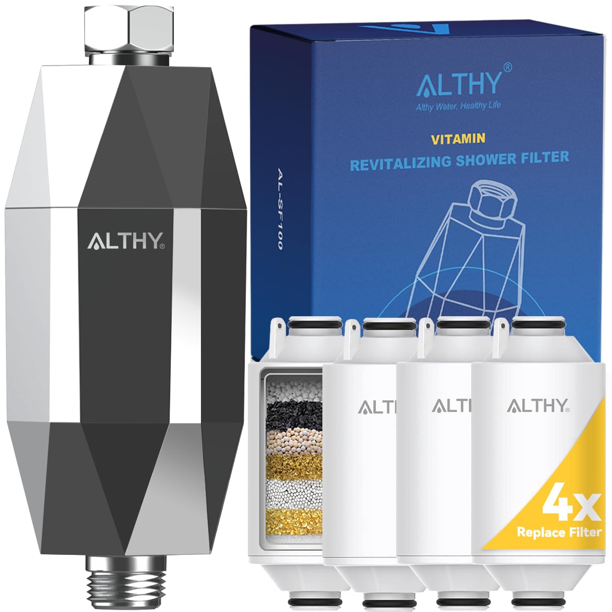 ALTHY Filtro de ducha de con vitamina C para agua dura - Filtro de cabezal de ducha, CROMADO,Reduce el cloro y el metal pesado, mejora la piel seca, la caspa del cabello, el eccema(4 Filtro Incluido)