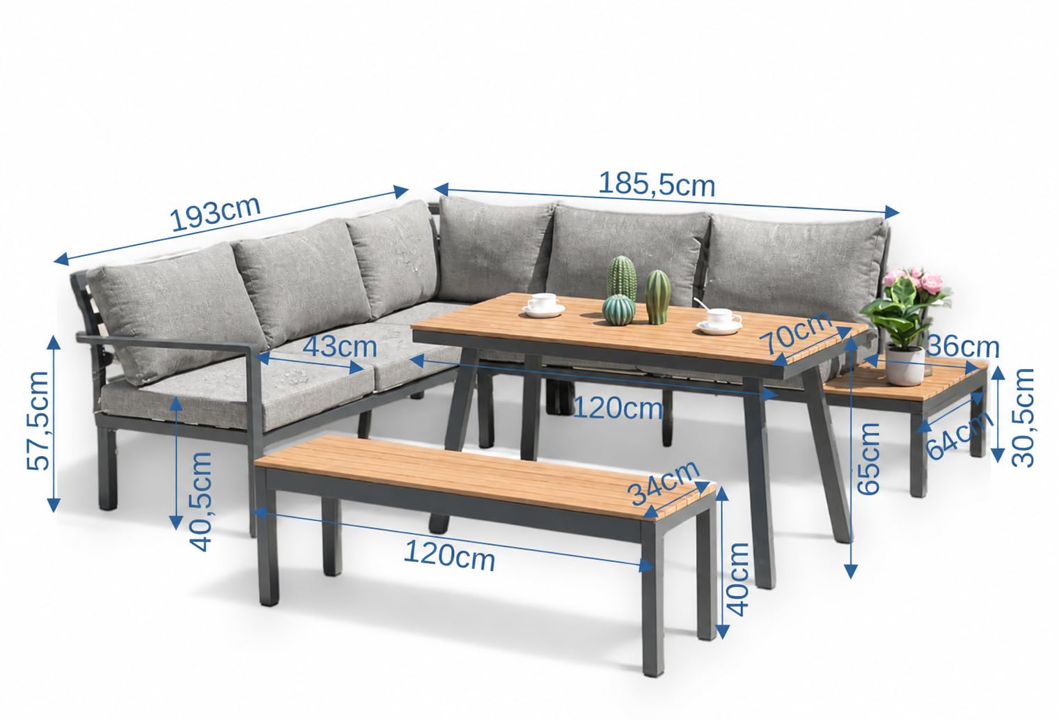 ALEOS. Gartenlounge wetterfest bis 7 Personen Lounge Aluminium Teakholz mit Bank OUTDOOR Polster Kissen Olefin BRASILIA Loungeecke Loungegarnitur Sitzgruppe Sofagarnitur Esstischlounge anthrazit beige
