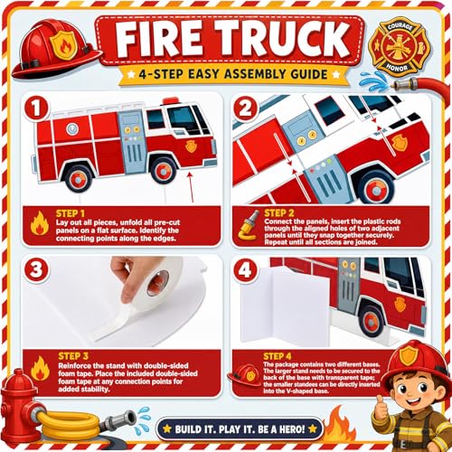 Image of 3 Pcs Firetruck Birthday Party Decorations Set, Fire Truck Fire Hydrant 3D Flame Cardboard Cutouts with Sturdy Bases for Firefighter Rescue Themed Party Baby Shower Backdrop