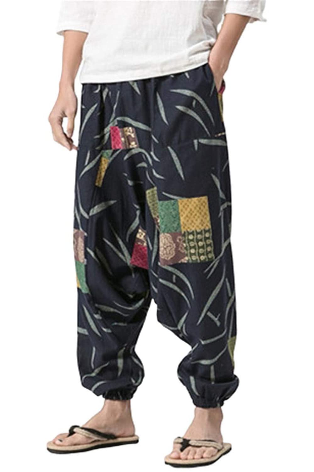 PERDONTOO Hommes Sarouel Confortable Taille Élastique Décontracté Hippies Pantalon