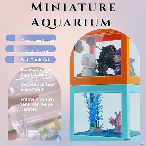 Miniatura 28 de Pequeño tanque de peces Betta, mini tanque apilable de pecera, kit de tanque de acuario rectangular de 3/5 galones con decoración de grava de Naranja