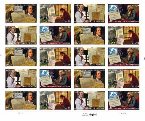 United States Postal Service Ben Franklin Sheet 20 Mint US Postage 39c Stamps 4021-24
