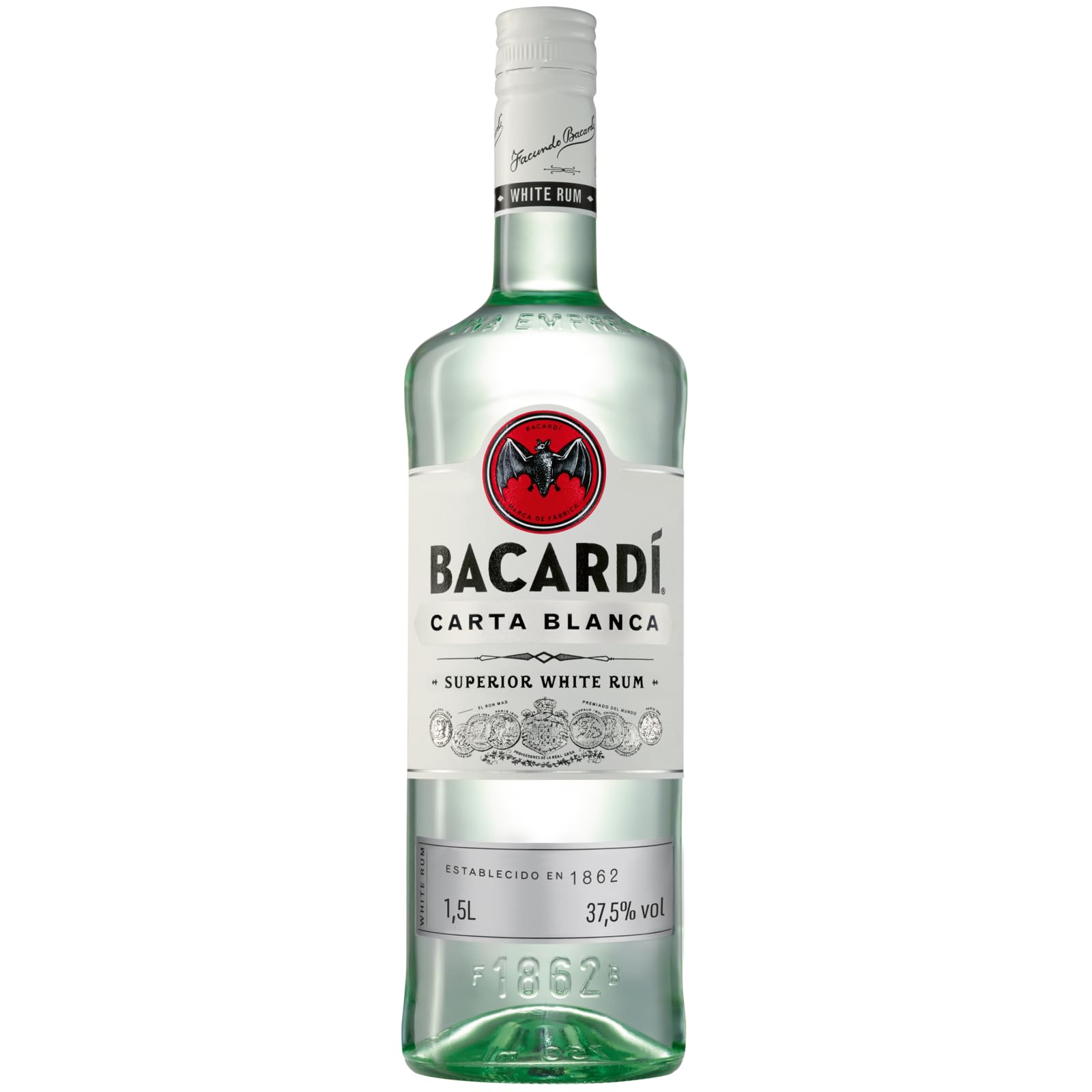 BACARDÍ Carta Blanca White Rum, 37,5% Vol., 150 cl/1.5 L, der legendäre weiße Karibik-Rum aus dem Hause BACARDÍ, perfekt für Cocktails