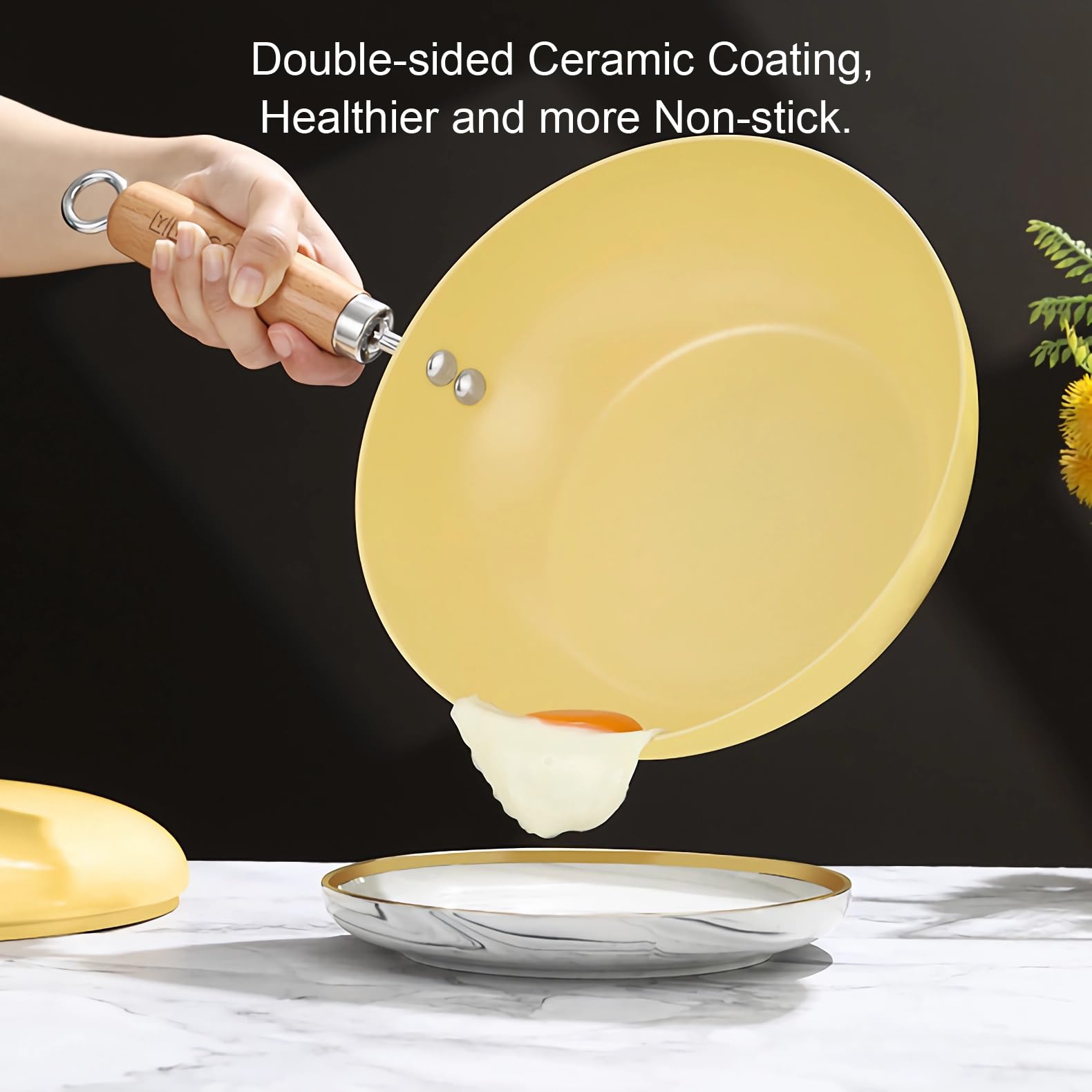 Non-Stick Ceramic Mini Wok - 24cm Double-Sided Coating Frying Pan, Yellow