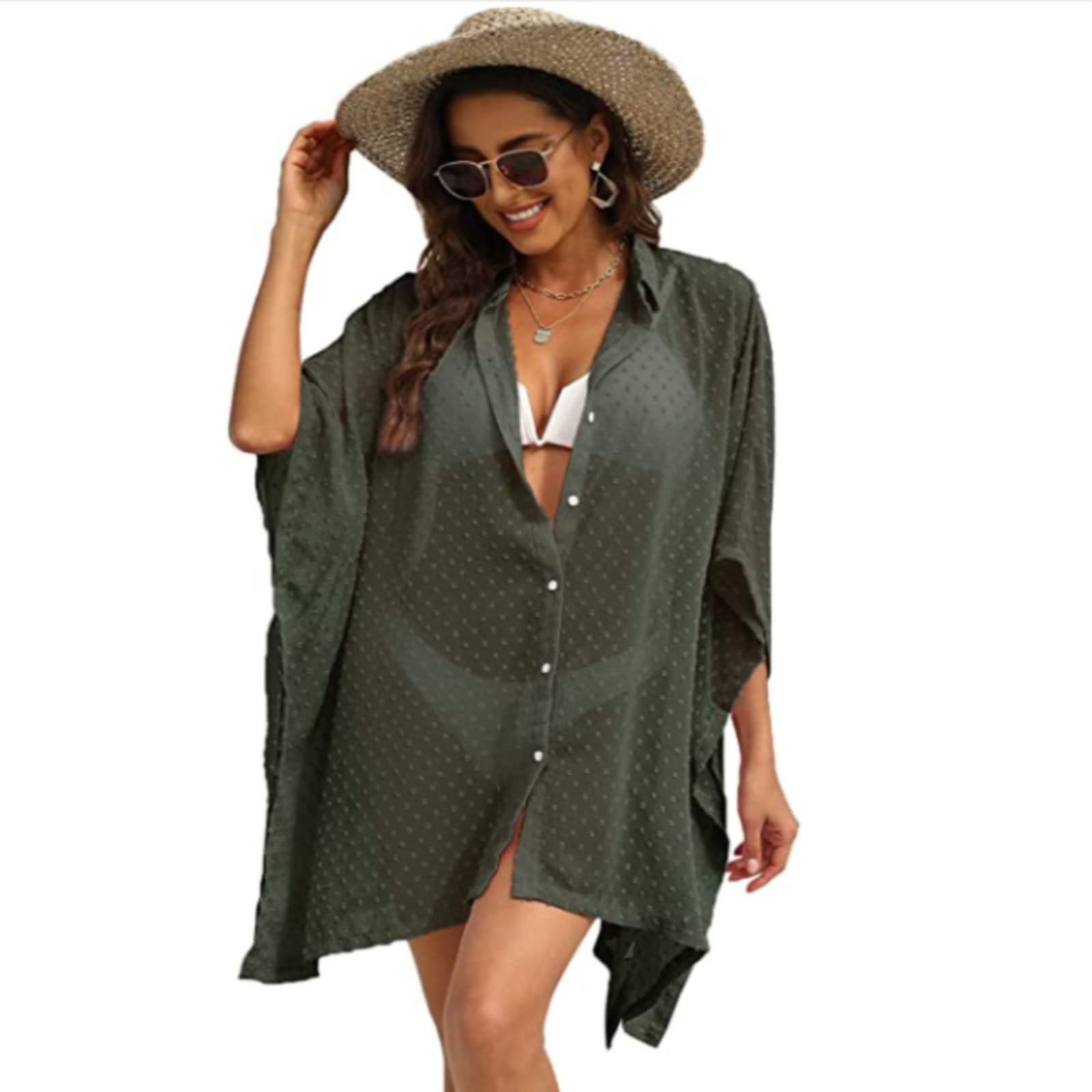 Strandkleid Swimsuit Cover Up for Women Plus Size Bathing Suit Cover Up Button Up Shirts Dots Splicing Casual Beach Cover Ups Strandkleider(Blue,L)