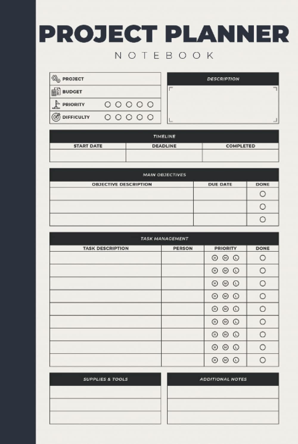 Project Planner Notebook: Business Project Management Organizer With Checklist & Notes For Project Manager Men And Women - Hardcover & Hardback Undated Project Planner Workbook