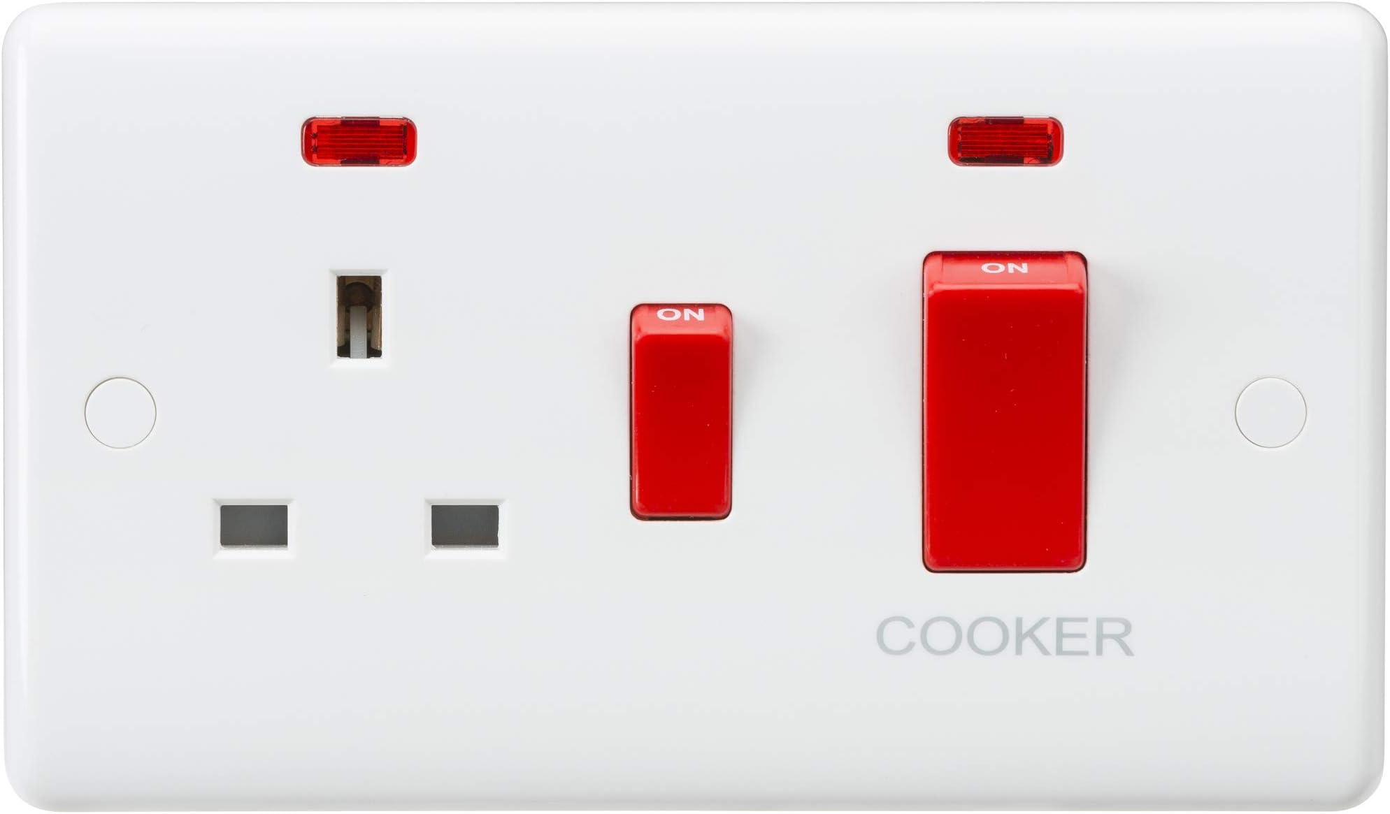 Curved Edge Single Socket with 45A DP Switch and Neons in White with White Rockers