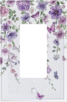Purple Butterfly Flowers 1 Gang Single Rocker Light Switch Cover Vintage Floral Decorative Socket Wall Plate Switchplate Faceplate For Bedroom Bathroom Plastics