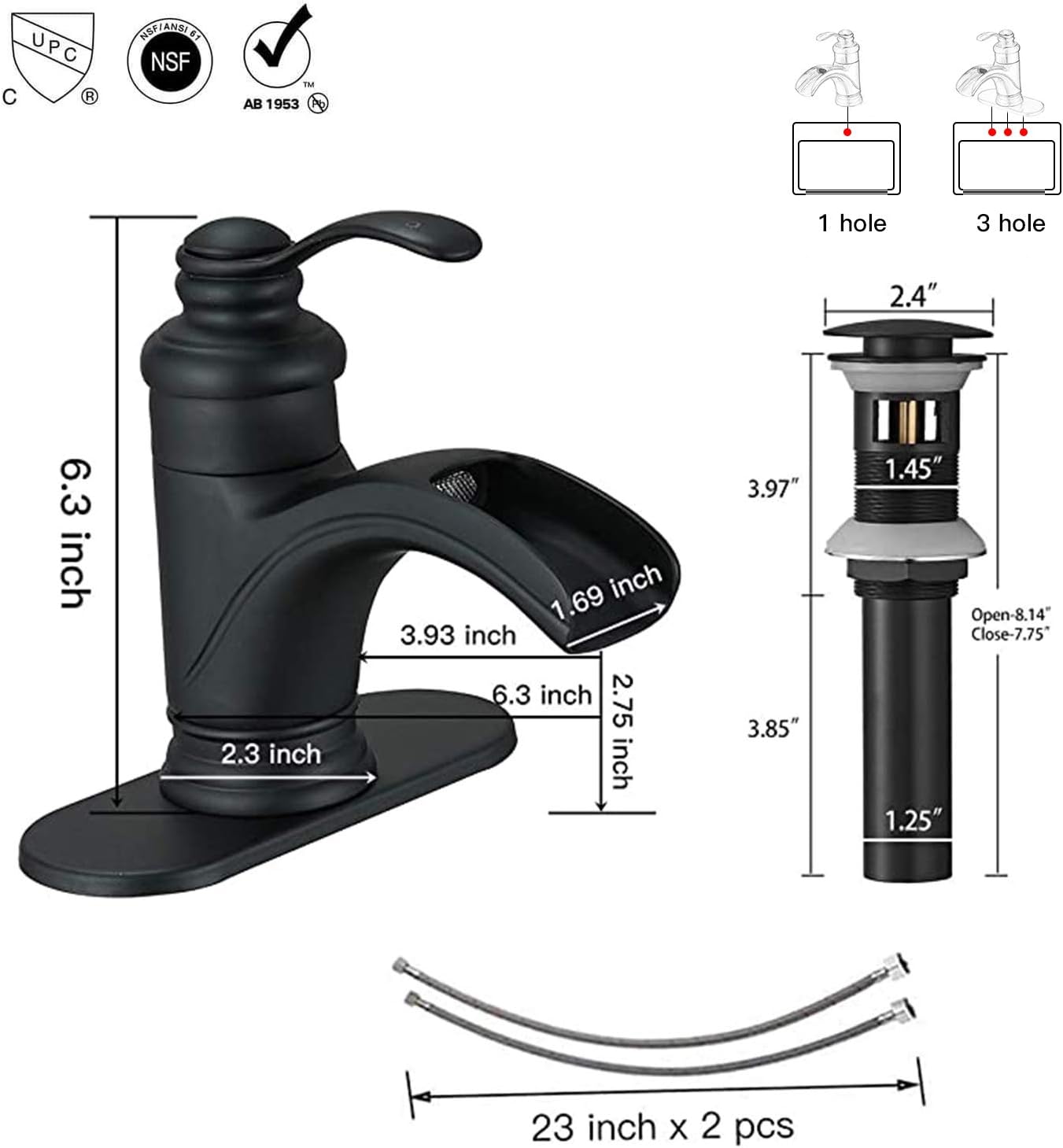 Bеѕt Cуbеr Mоndау 🔥 Homevacious Bathroom Faucet Matte Black Waterfall Single Hole Farmhouse Sink Vanity Lavatory Faucets with Pop up Drain Stopper Mixer Tap One Handle with Overflow Supply Line Lead-Free