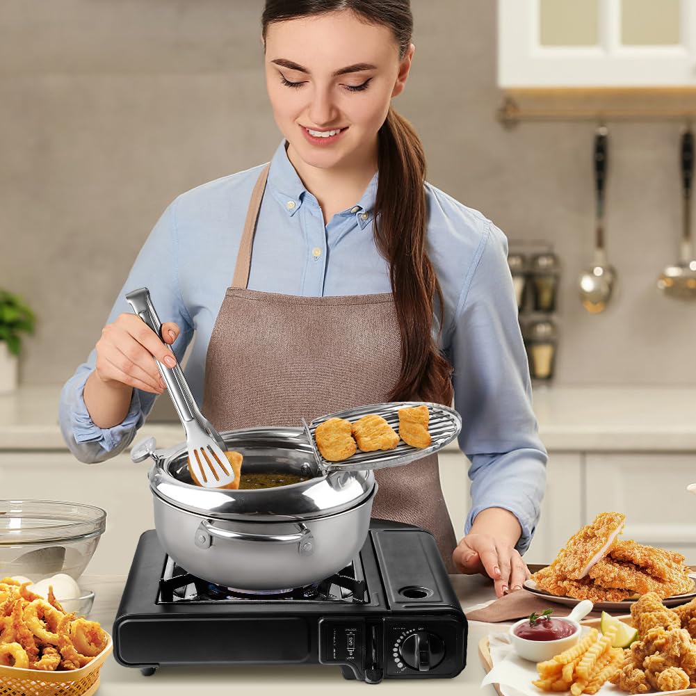 Friteuse Van Roestvrij Staal Met Zeefmand, Japanse Tempura Voor Het Frituren Van Vis En Garnalen (3-Delige Set: Braadpan Zeefmand Deksel