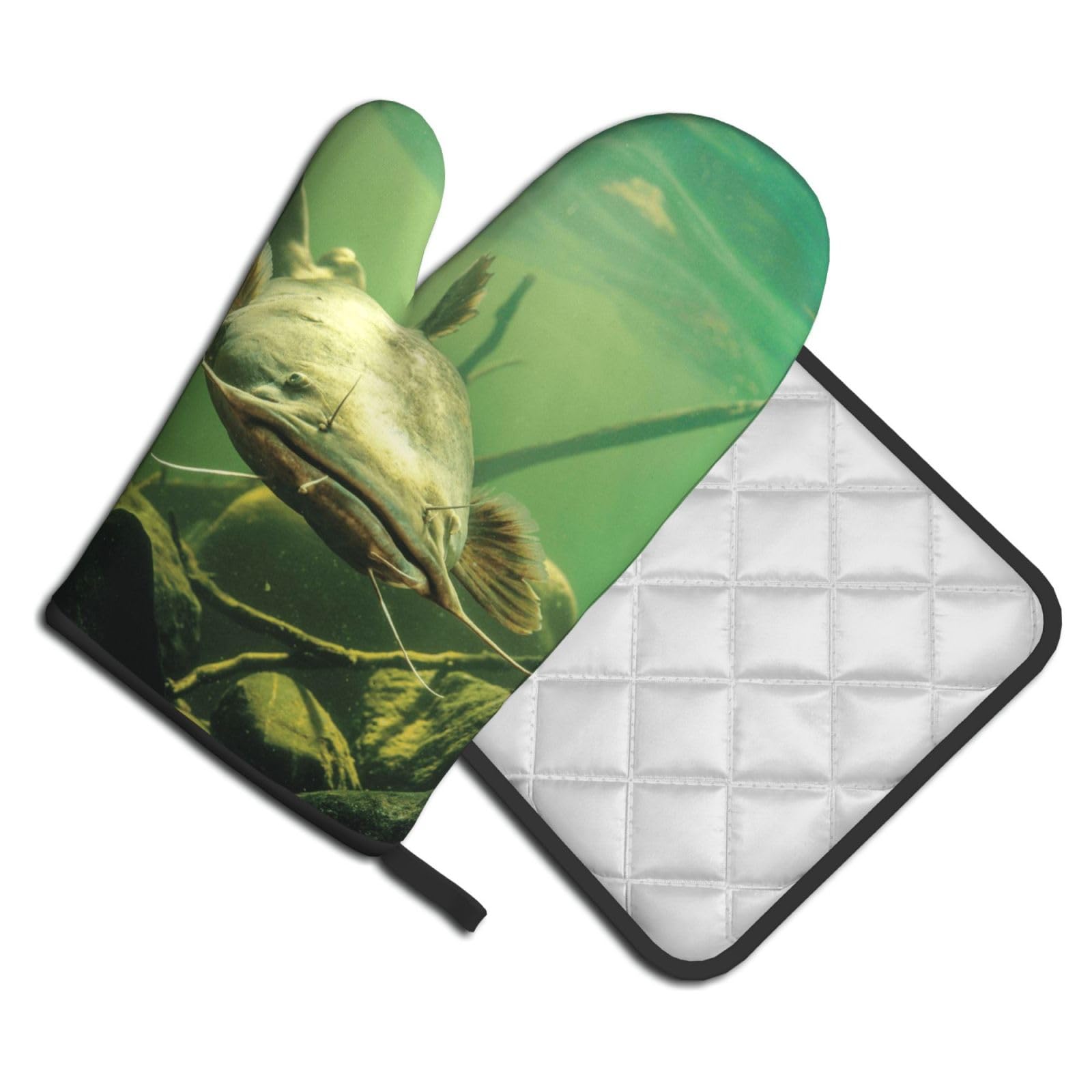 Oven Mitts and Pot Holders Set of 2 Pcs, Underwater catfish Printed Heat Resistant Kitchen Gloves Potholders for Cooking Baking Grilling