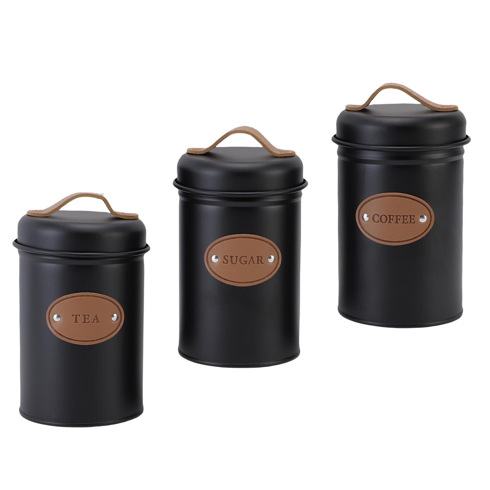 Walfront Set Barattoli Sigillati Barattolo per caffè in Ferro 3 Pezzi 15,5 X 10,4 Cm con Coperchi con Manico Ed Etichette Distintive per tè, caffè, Zucchero, Farina, Bancone della, Dispensa (BLACK)