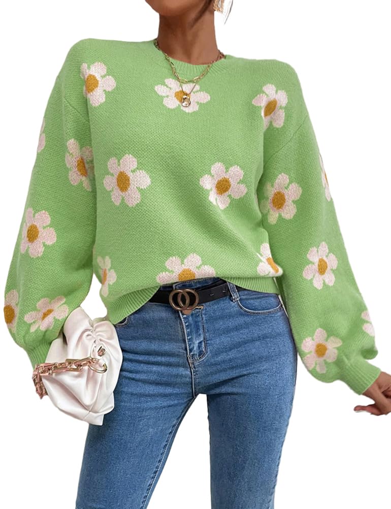 IDEALSANXUNWomens Diasy Sweater Fall Winter Long Sleeve Pullover Loose Fit Pullover Knit Tops