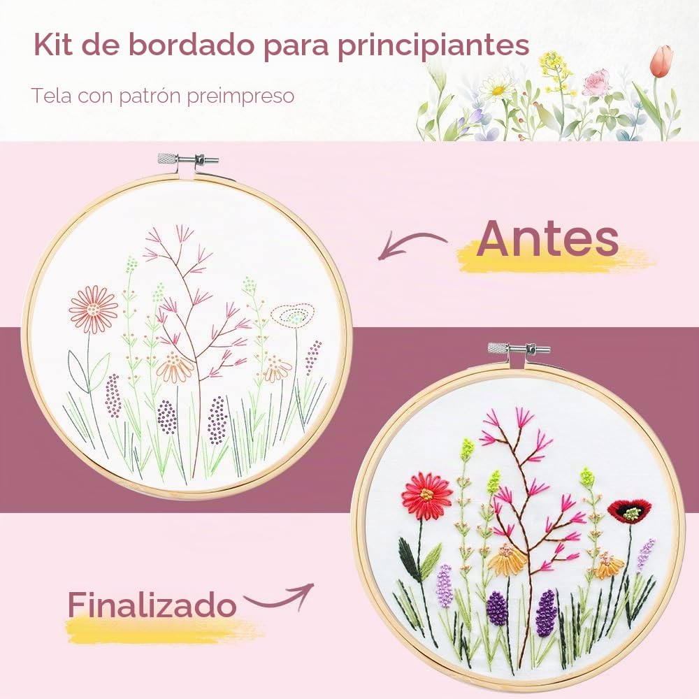 Kit de bordado para adultos, 4 juegos de iniciación de bordado con patrones de flores florales, kit de bordado a mano con aro de bordado e instrucciones (idioma español no garantizado), kits de punto