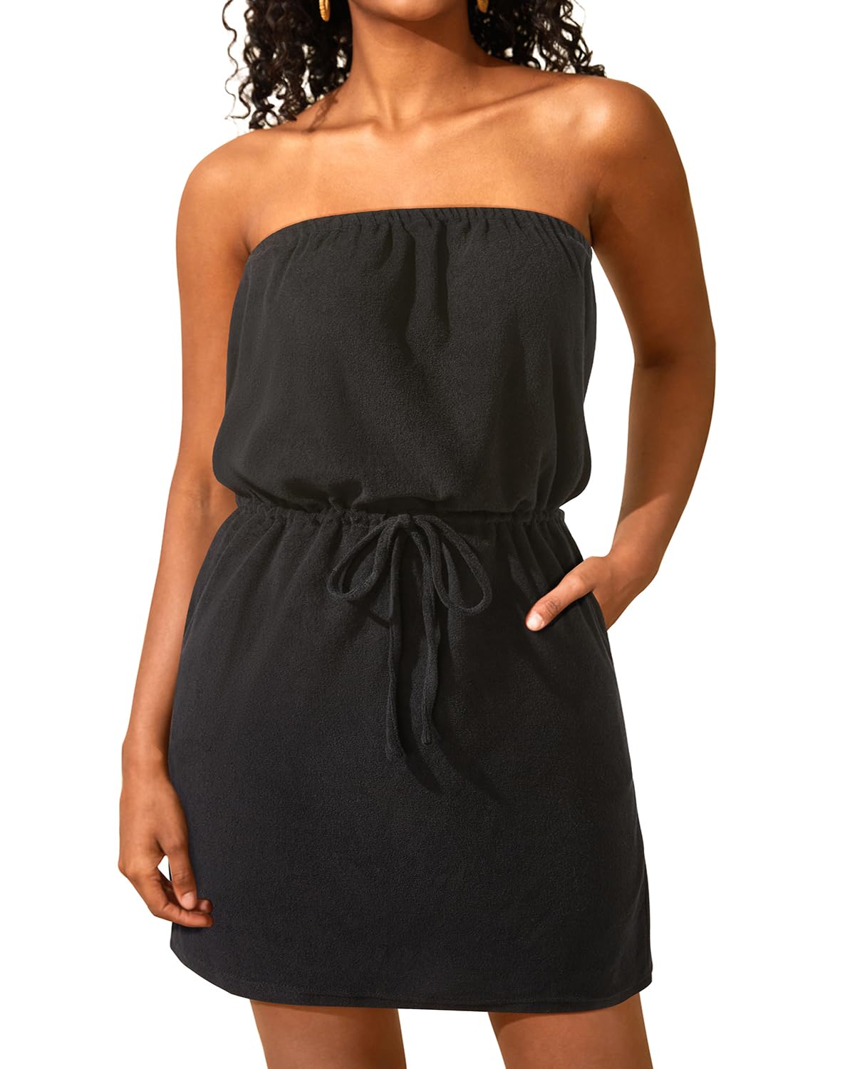 Swimsuit Cover Up Terry Cloth Strapless Dress Drawstring with Pockets-image-40