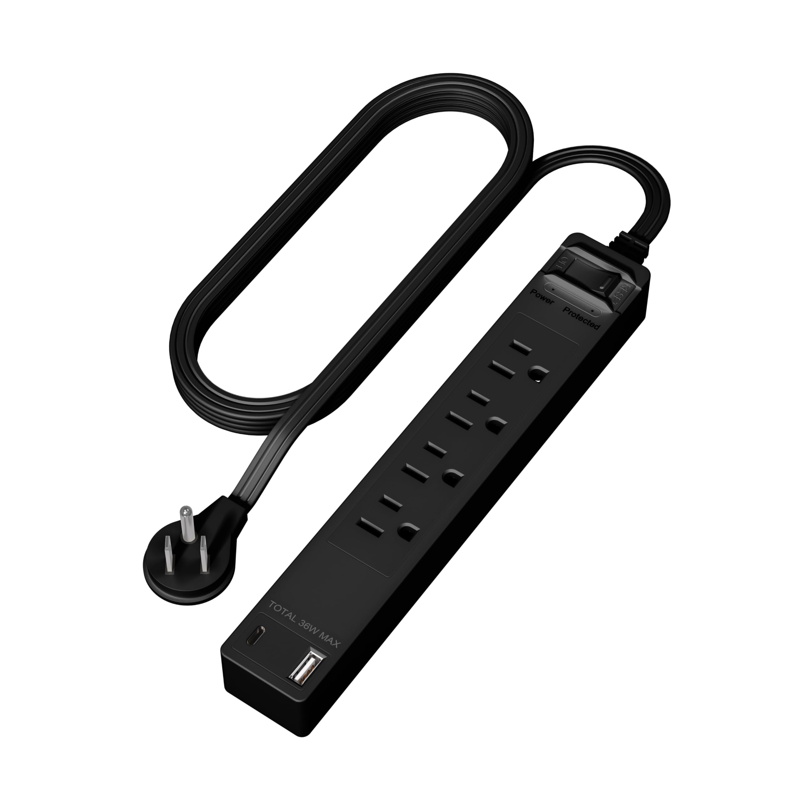 LIDER PD 36W Surge Protected Outlet Extender with 4-Outlet Power Strip, 1 USB Type-A and 1 Type-C Port, 5ft, Up to 1500J, LED Indicator, ON/Off Switch, Flat-Plug, 45-Degree Angle, UL-Listed, Black