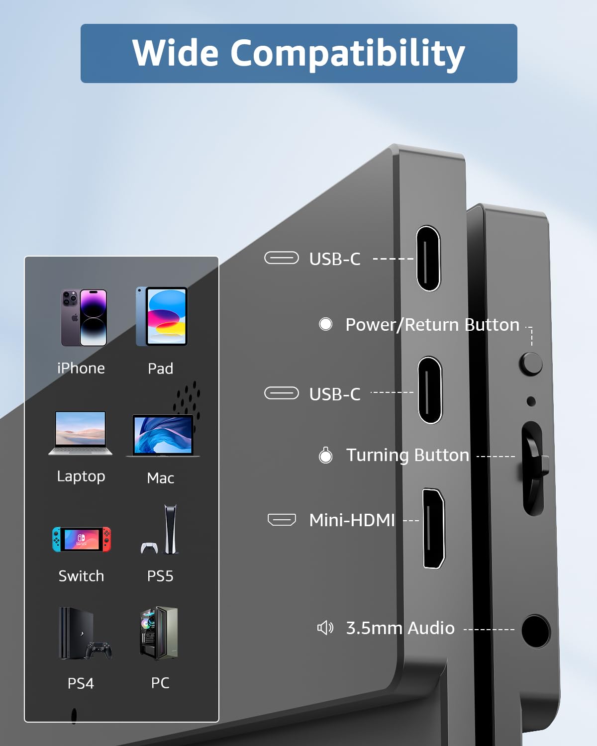 Yodoit - Monitor portatile 16”, 1920 x 1200, FHD, schermo IPS, display 16:10 con USB tipo C e altoparlanti integrati, con Smart Cover, compatibile con PC, laptop, MacBook, Xbox