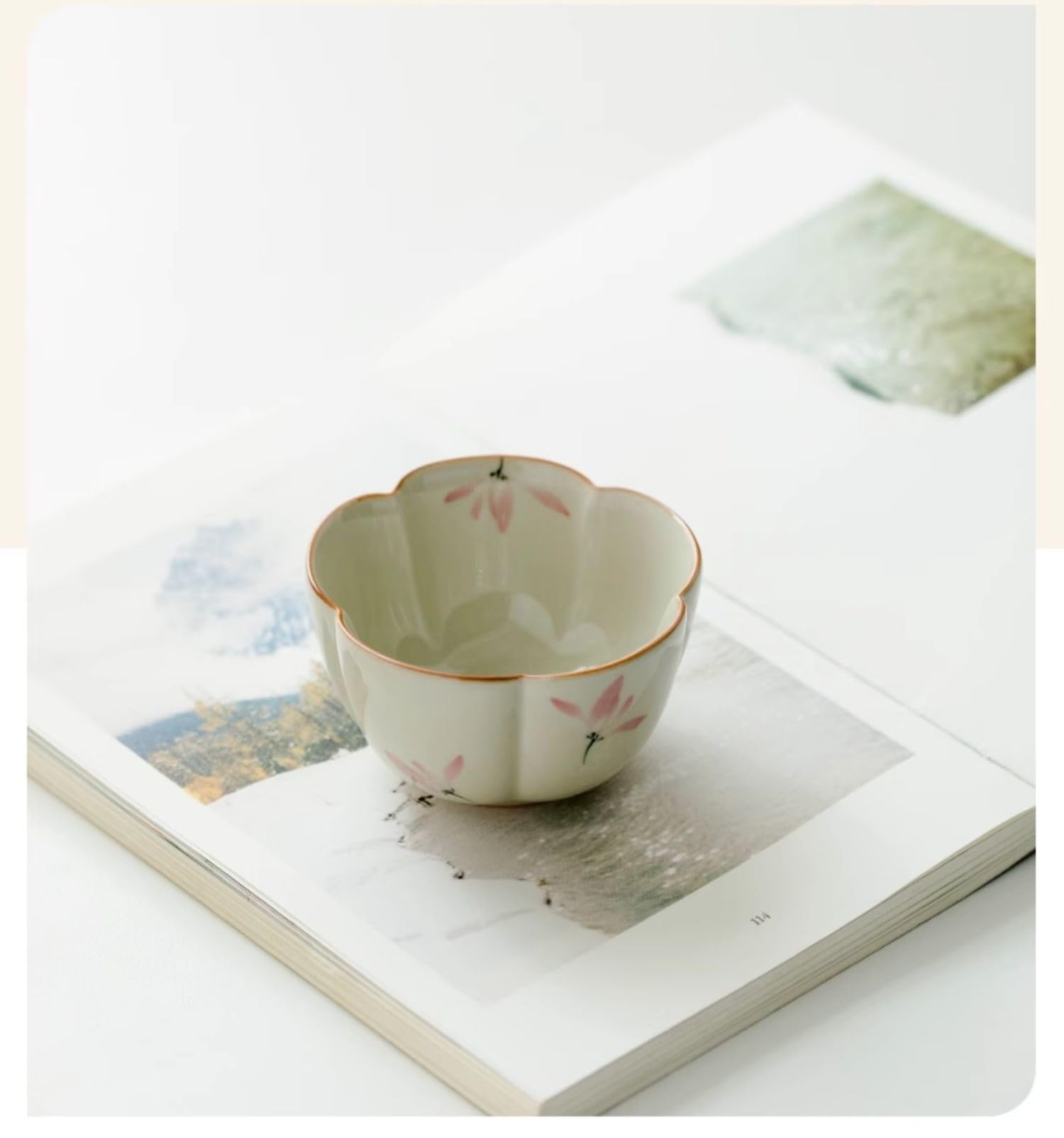 Chinese Story - Fujian Intangible Cultural Heritage Grass and Wood Gray Pure Hand Painted Pink Orchid Petal Cup, Underglaze Colored Ceramic Tea Cup