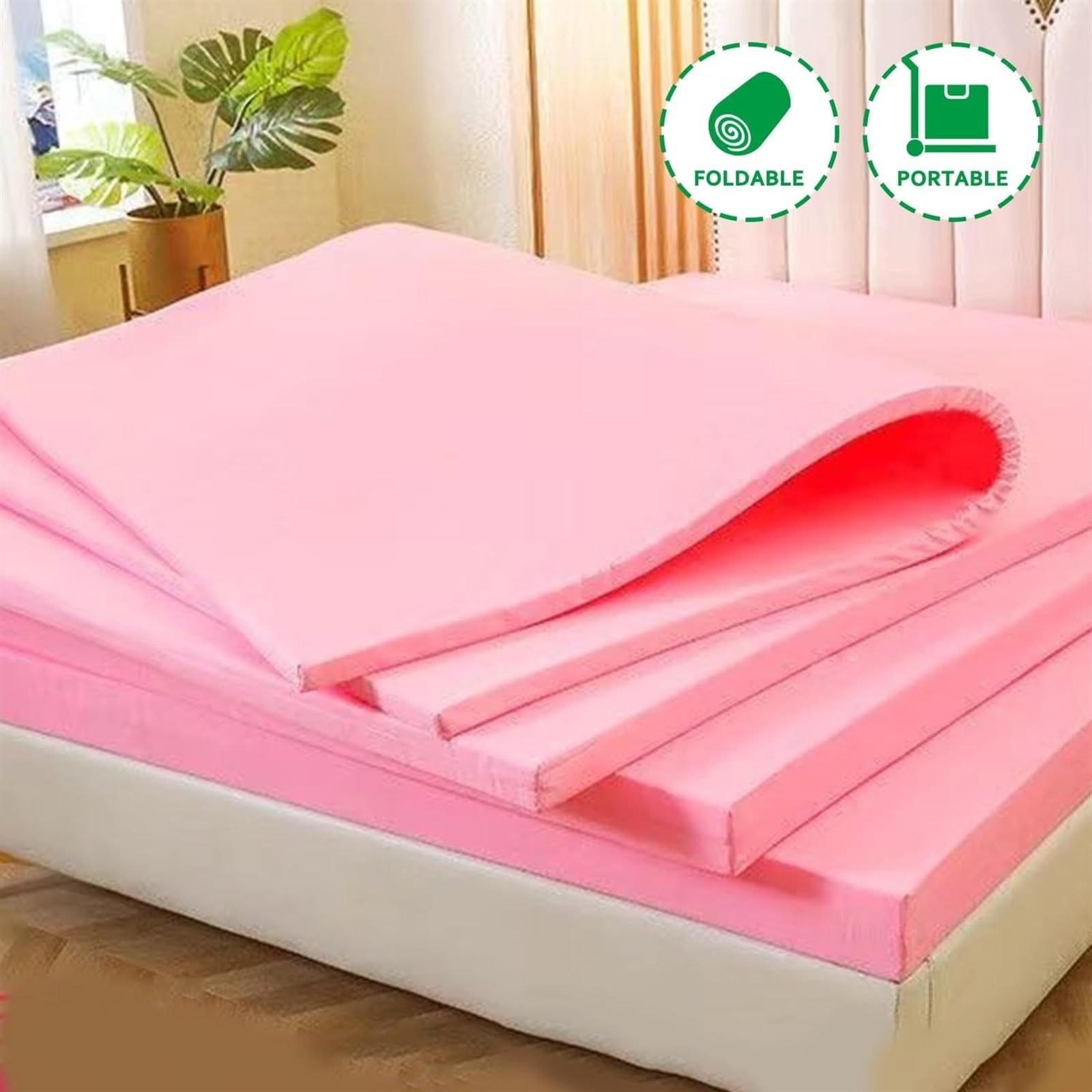 Colchón Topper de Espuma Viscoelástica para Cama Individual, Topper Suave para Dormir, Almohadilla de Colchón Ventilada de Alta Densidad con Funda Desmontable y Lavable(Pink 3cm,90x190cm)